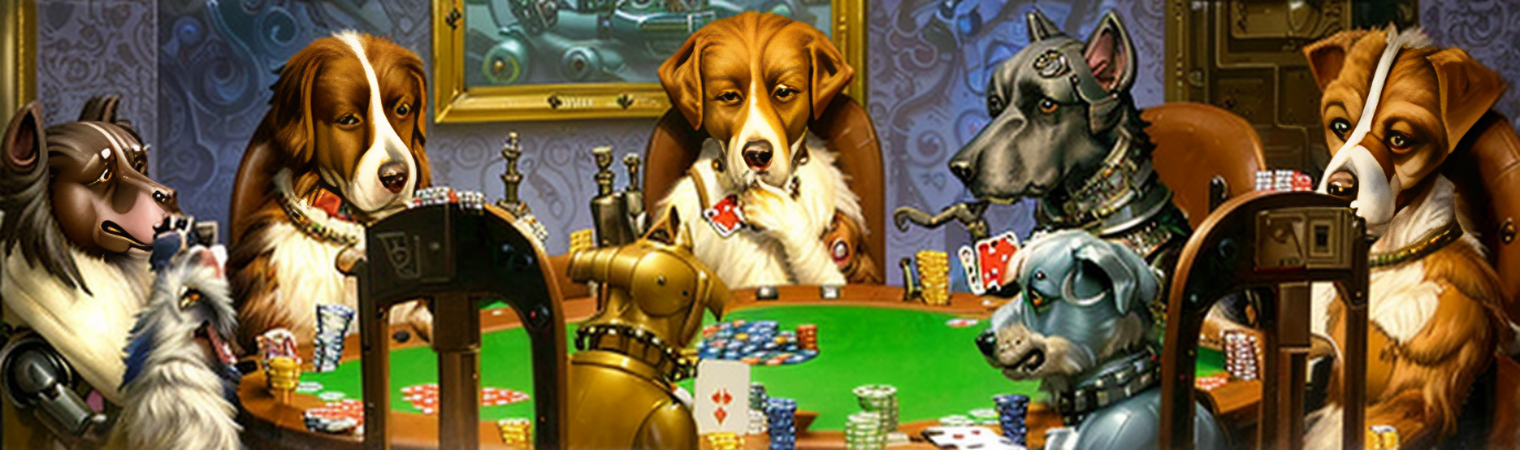 Futuristic depiction of the painting "Dogs Playing Poker", generated by AI