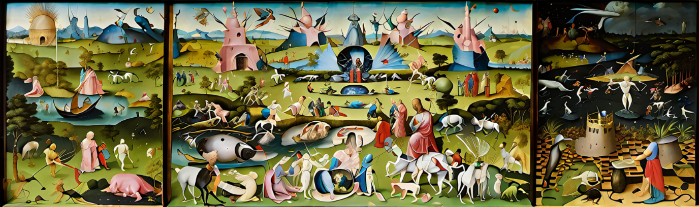 AI depiction and modern take of the "Garden of Earthly Delights"